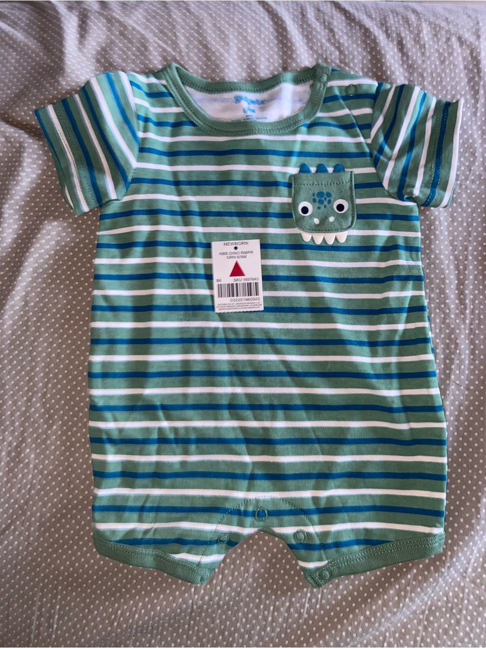 Striped Green Monster Pocket Baby One-Piece
